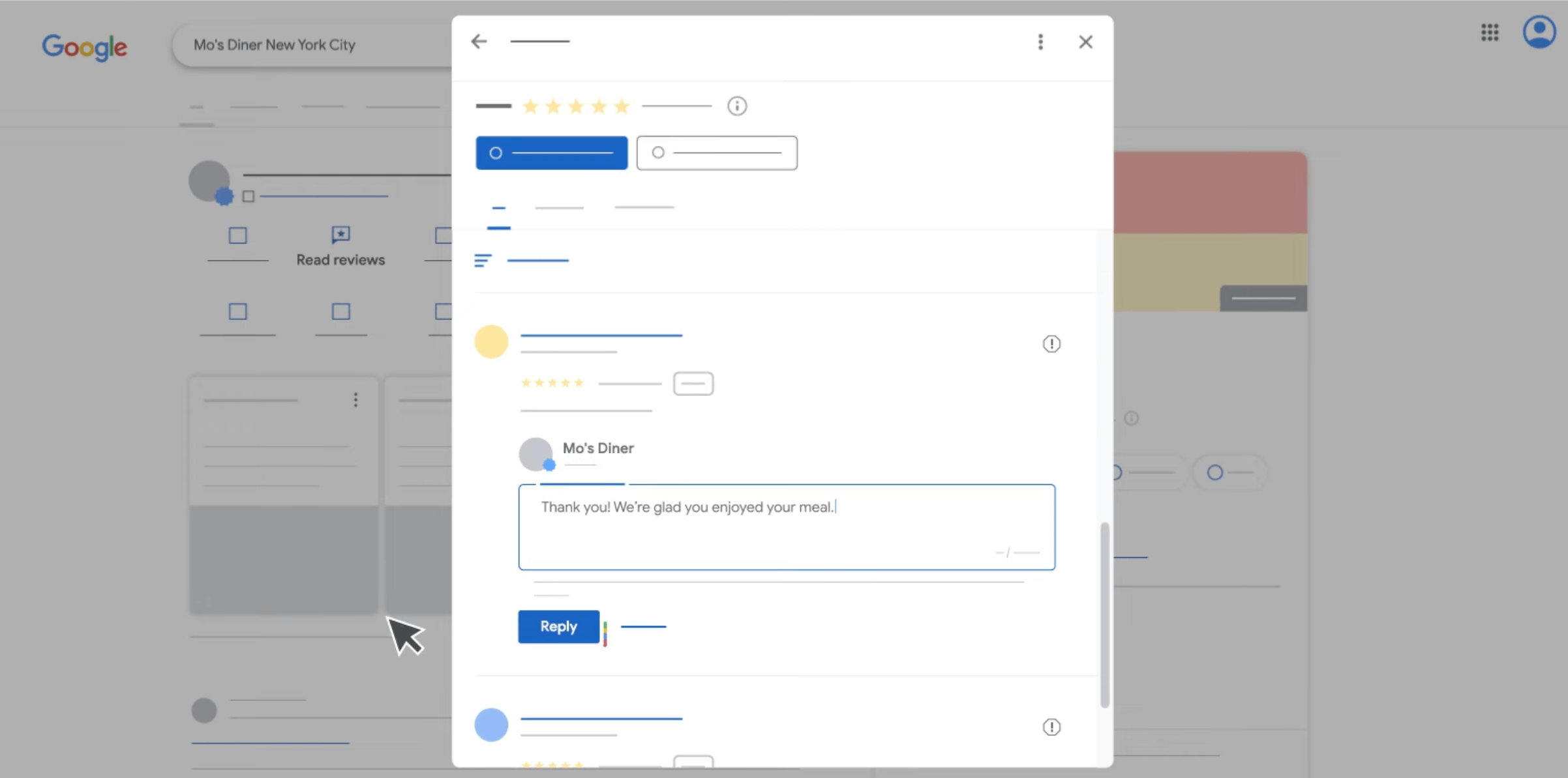 Replying to a Google review on a laptop